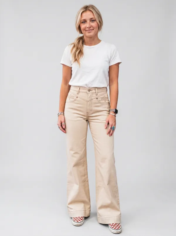Women's Western Style Embroidered Beige Wide Leg Jeans