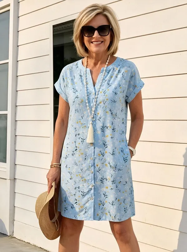 Women's Summer Vacation Blue Hibiscus Floral Lace Trim Printed Dress