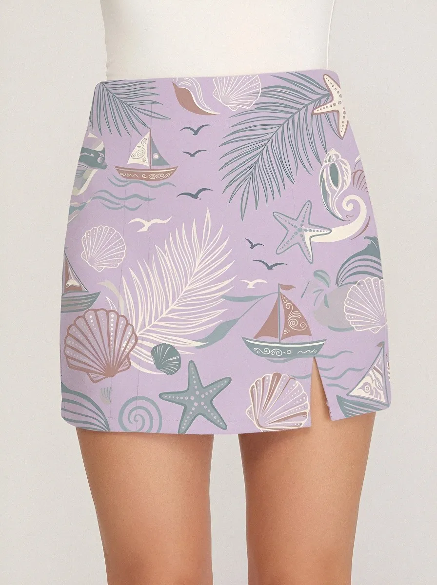 Women's Beach Vacation Nautical Seashell Palm Printed Skirt