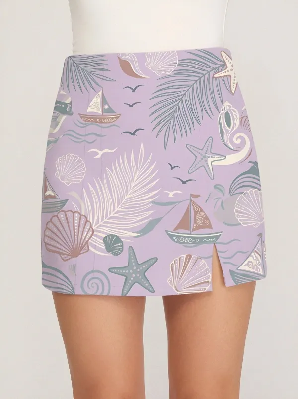 Women's Beach Vacation Nautical Seashell Palm Printed Skirt