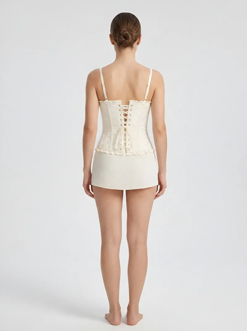 Floral Jacquard Ruffle-Trim Vintage-Inspired Women's Corset Top