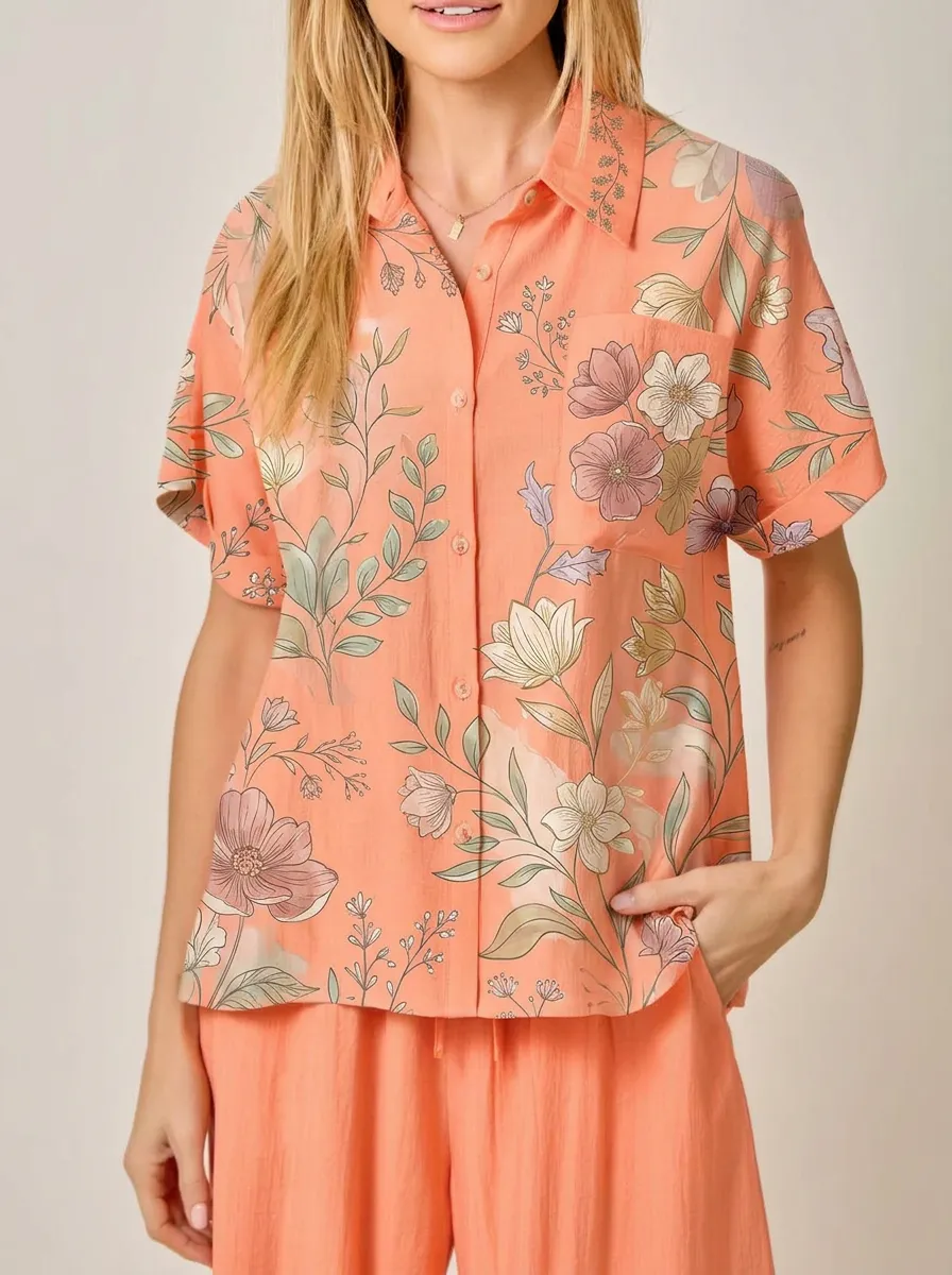Women's Peach Floral Botanical Printed Button Down Shirt