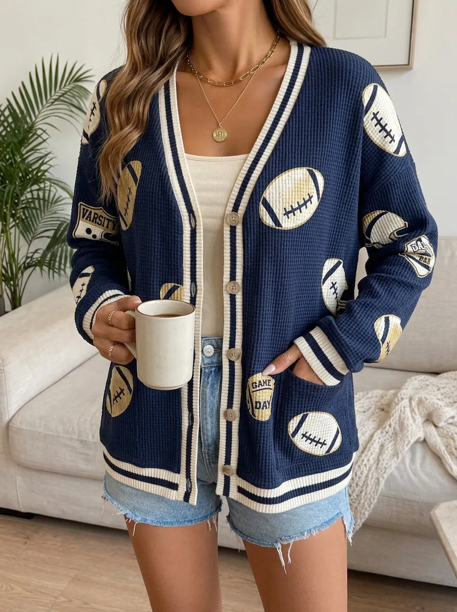Women's Football Fan Varsity Game Day Printed Waffle Cardigan