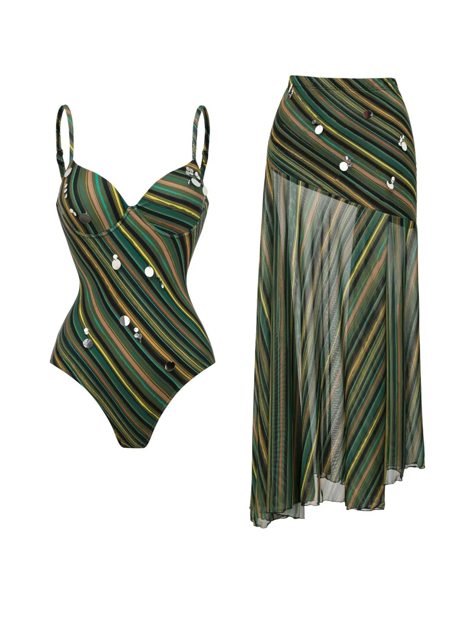 Lorelei Striped Sequined Swimsuit Set