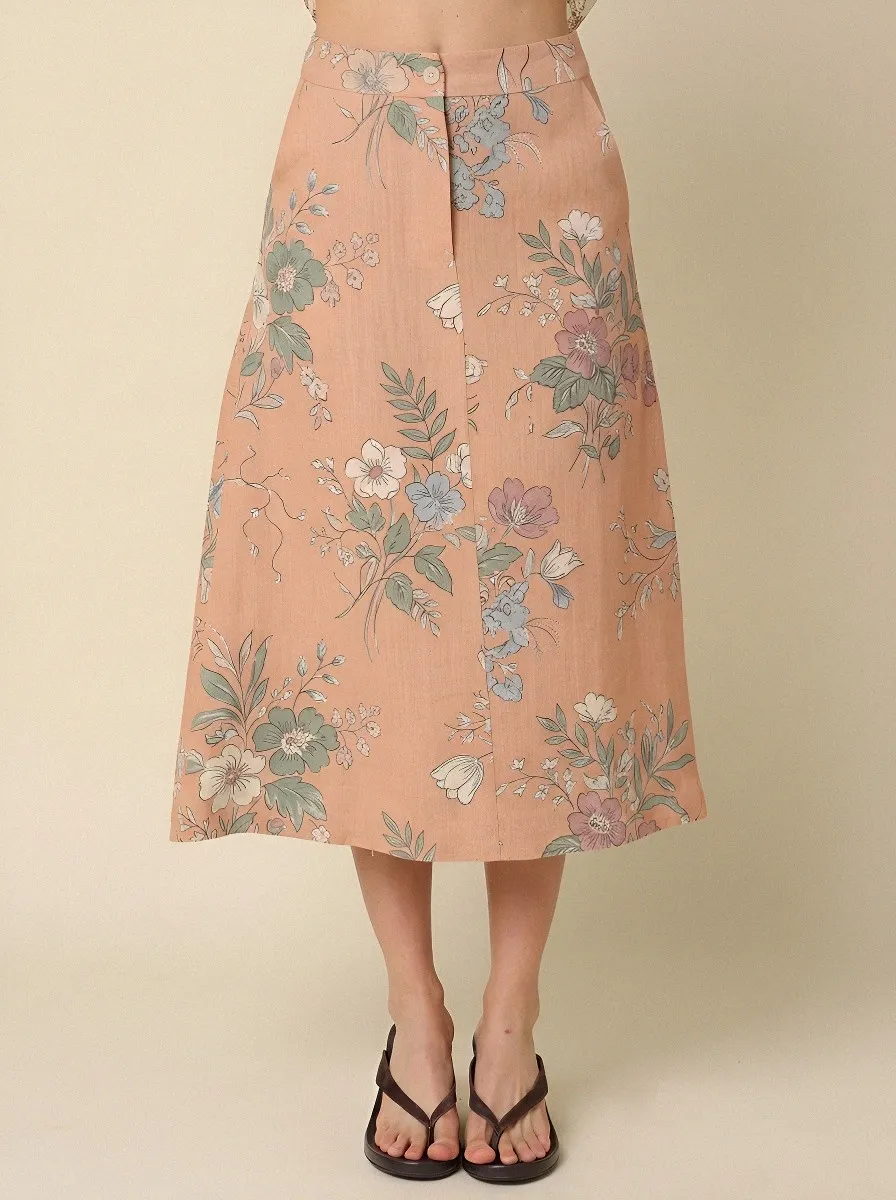 Women's Vintage Floral Botanical Printed A-line Midi Skirt