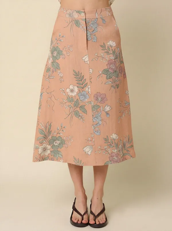 Women's Vintage Floral Botanical Printed A-line Midi Skirt