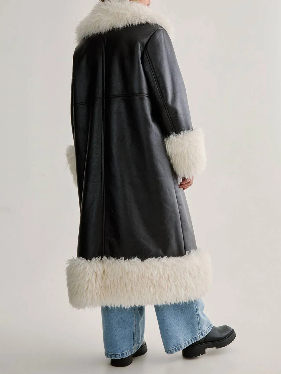 Women's Wide Faux Fur Collar & Leather Long Coat
