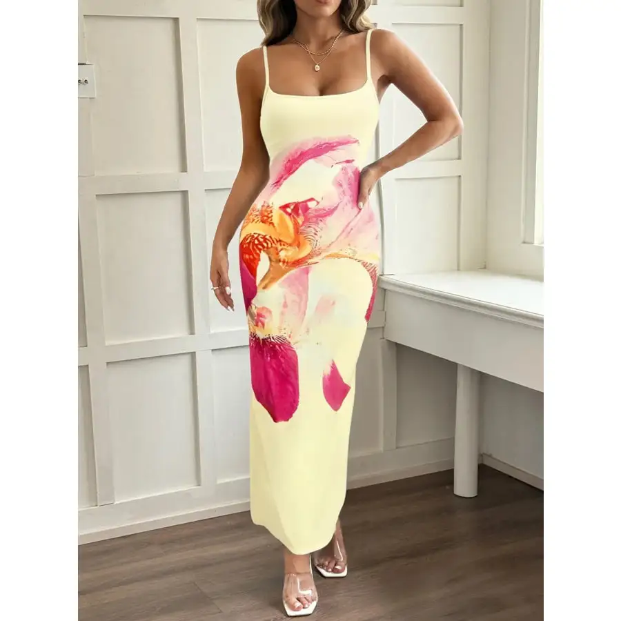 Printed Bodycon Spaghetti Strap Maxi Dress