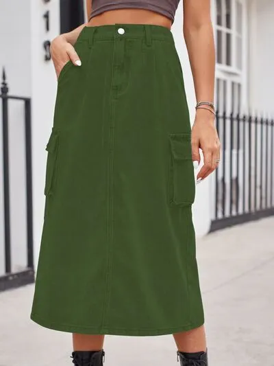 Relaxed Slit Buttoned Denim Pockets Skirt