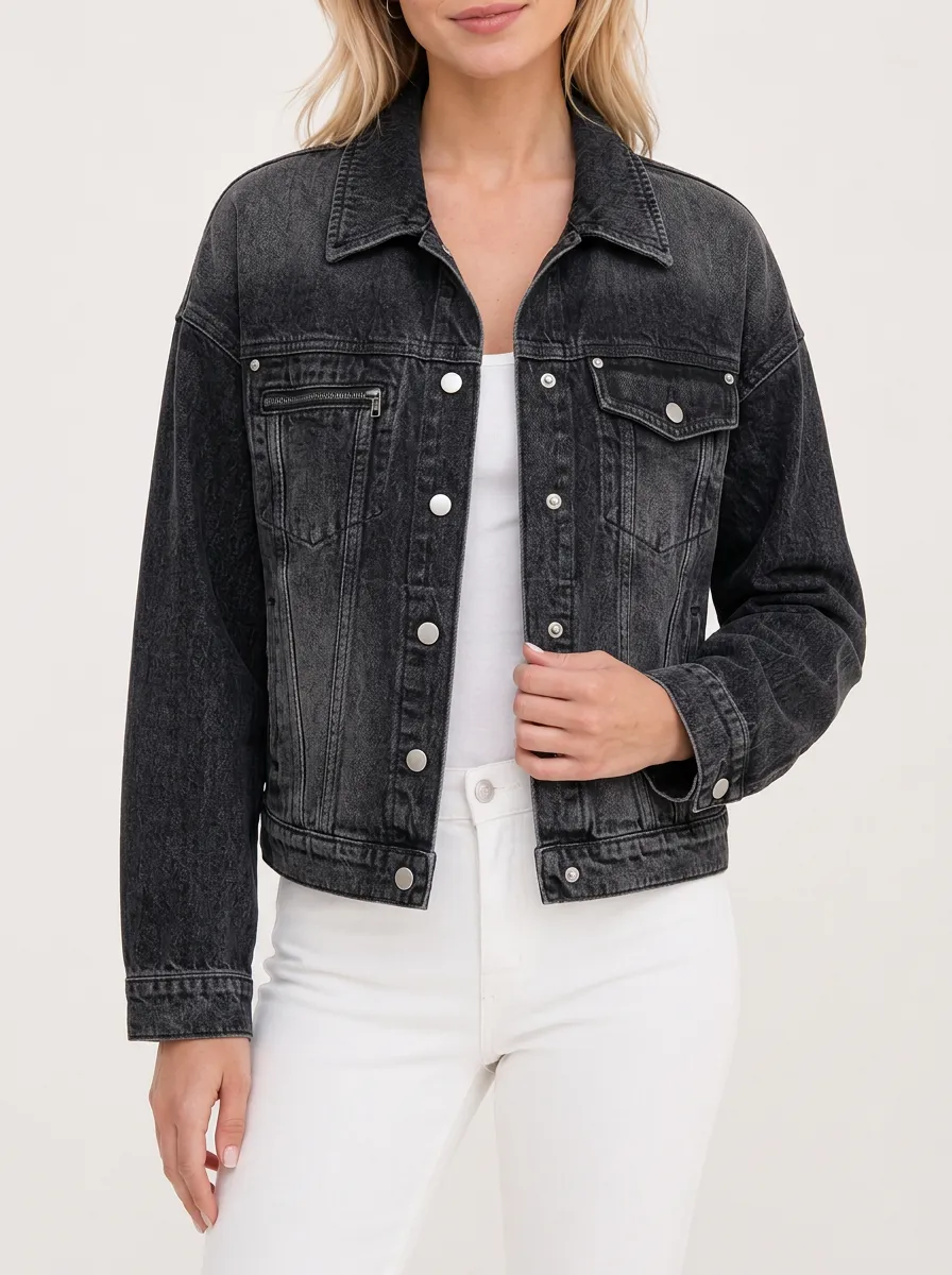 Women's Vintage Washed Black Denim Jacket