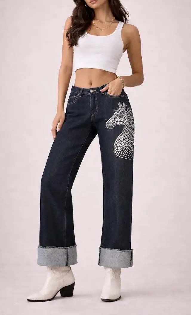 Wide Leg Cuffed Low Rise Rhinestone Detail Western Style Denim Jeans