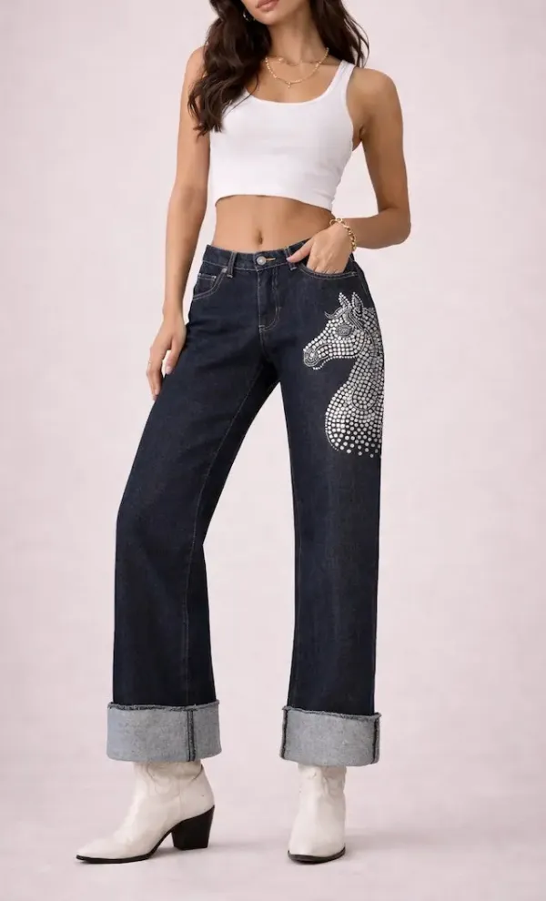 Wide Leg Cuffed Low Rise Rhinestone Detail Western Style Denim Jeans