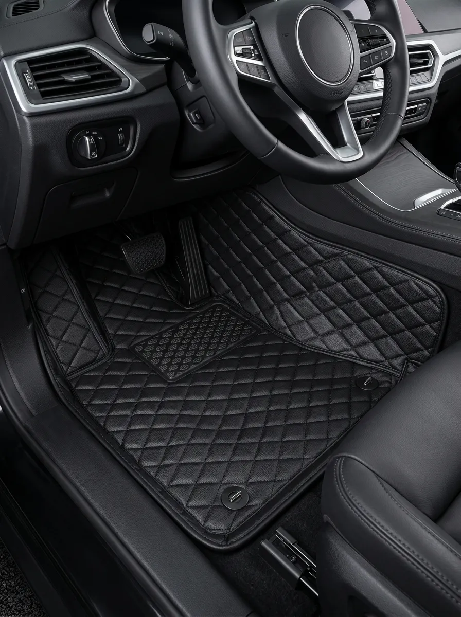 Diamond Quilted Leather-Texture Automotive Floor Mat