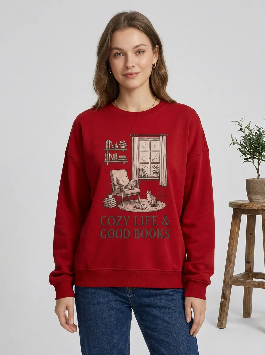 Women's Book Lover Cozy Reading Cat Printed Sweatshirt