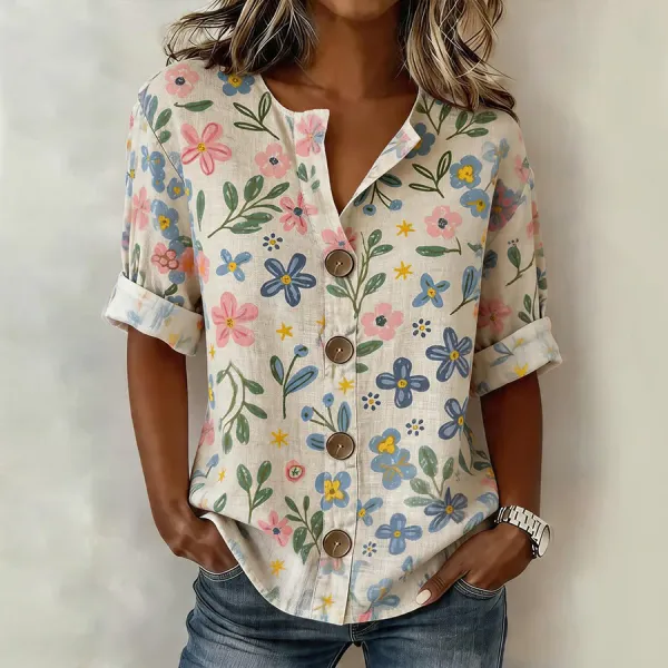 Women's Casual Short-Sleeve Cotton-Linen Top
