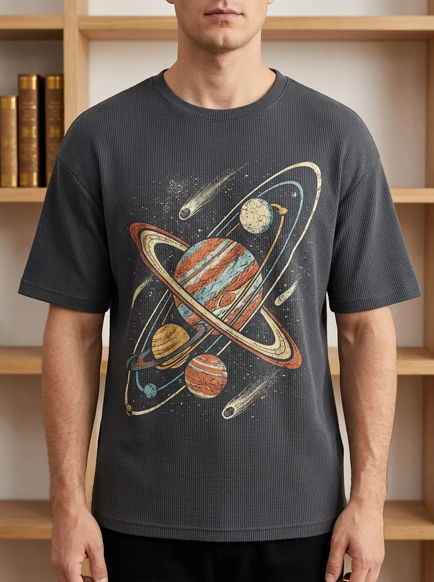 Men's Space Astronomy Lover Vintage Planets Signature Crew Neck T-Shirt