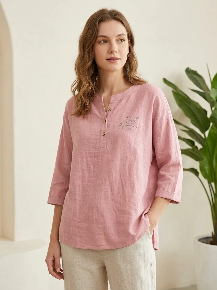Women's Pink Bird Lover Minimalist Printed Henley Cotton And Linen Top