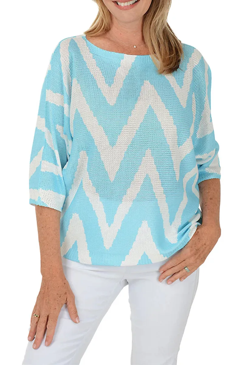 Blue Zig Zag 3/4 Sleeve Lightweight Sweater