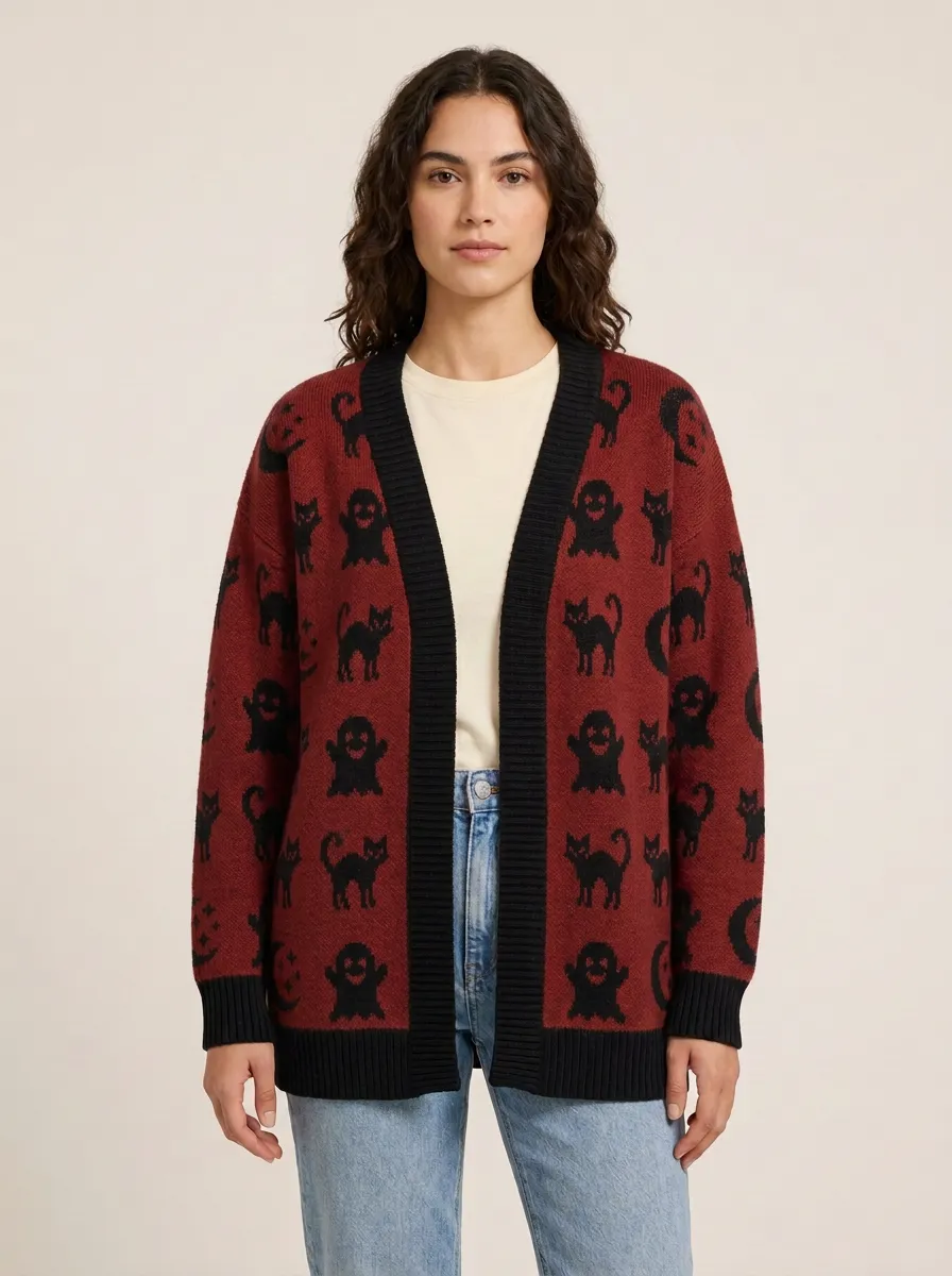 Women's Ghost Cat Moon Halloween Knit Cardigan