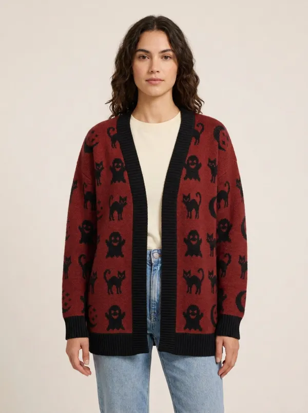 Women's Ghost Cat Moon Halloween Knit Cardigan