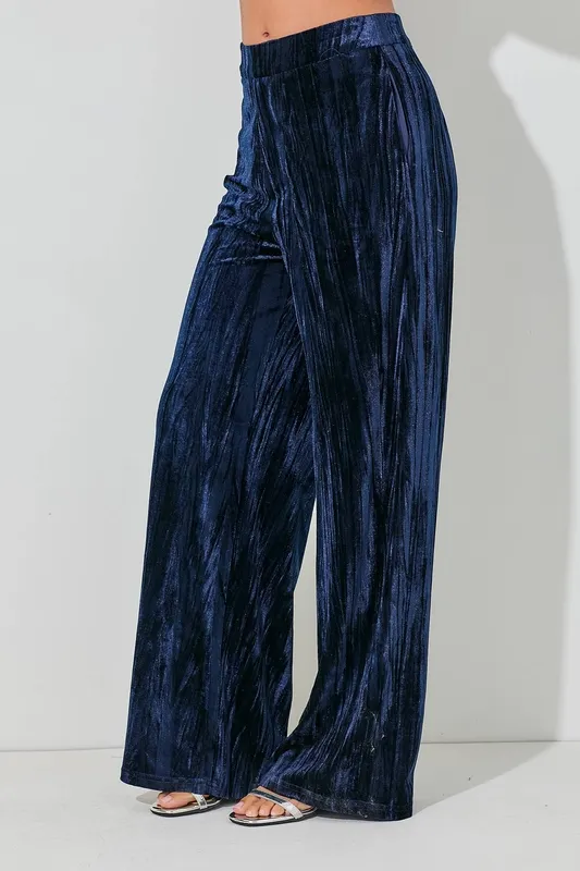 Navy Stretch Blend Velvet Wide Leg Pants