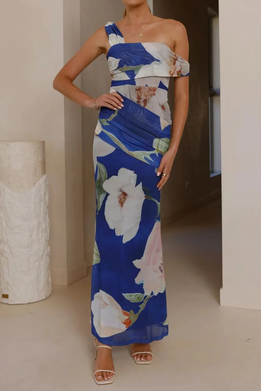 Classic Ruched One-Shoulder Floral Maxi Dress