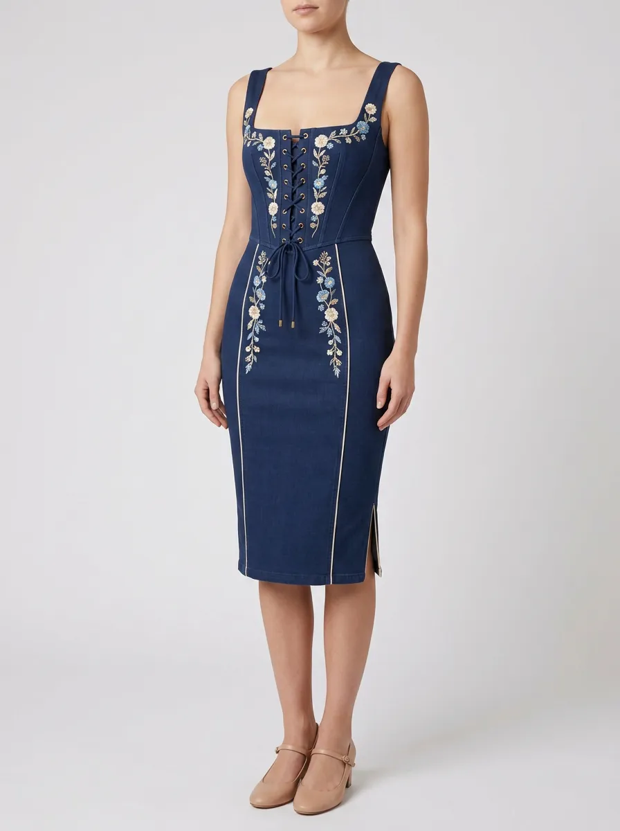 Women's Lace-Up Embroidered Folk Fitted Dress