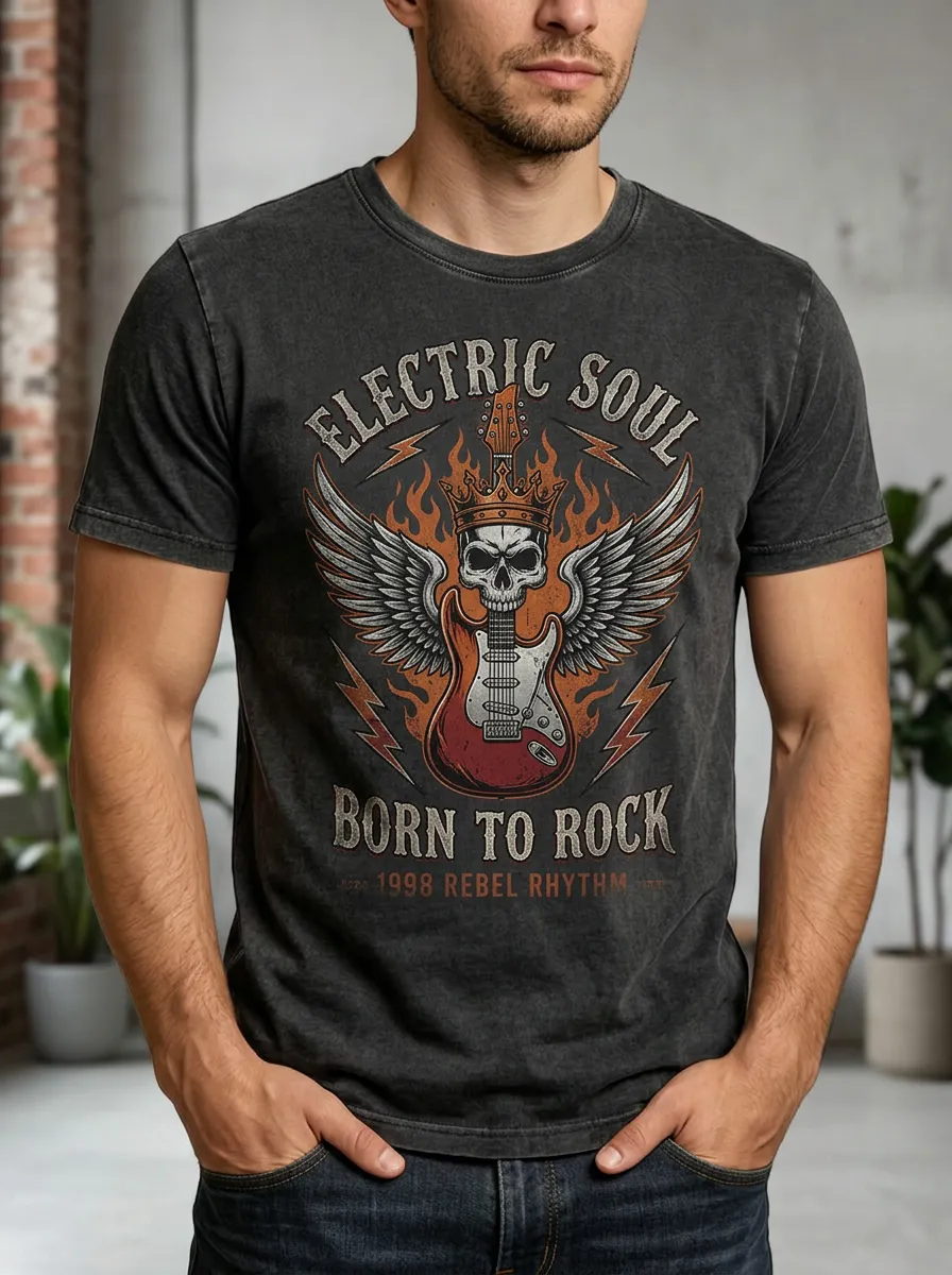 Men's Rock Music Lover Skull Guitar Wings Printed T-shirt