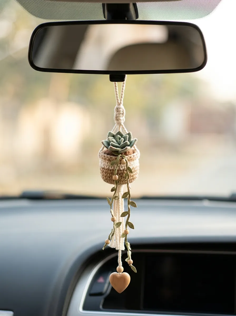 Macrame Knitted Plant Rearview Mirror Hanging Ornament