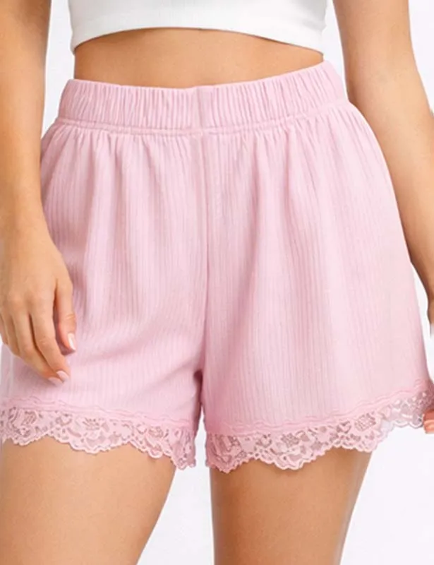 Ribbed Knit Elastic Waist Lace Trim Wide Leg Easy Shorts
