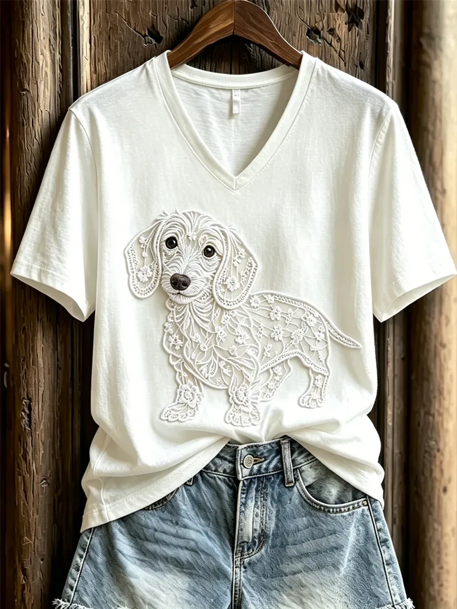 Women's lace dog print design short sleeved T-shirt