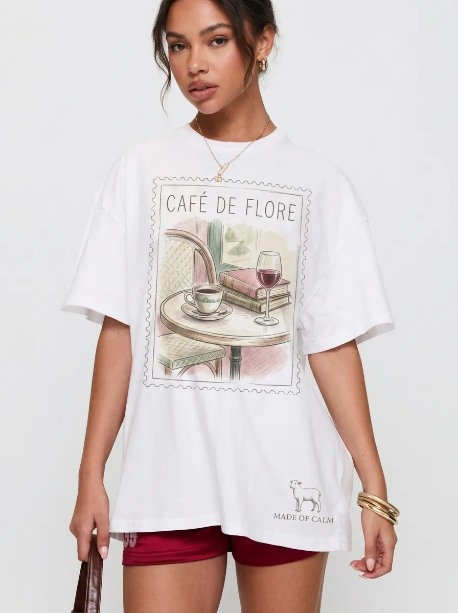 Women's Cafe De Flore Coffee Wine Book Printed T-shirt