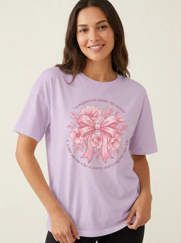 Women's Breast Cancer Awareness Pink Ribbon Floral Printed T-shirt