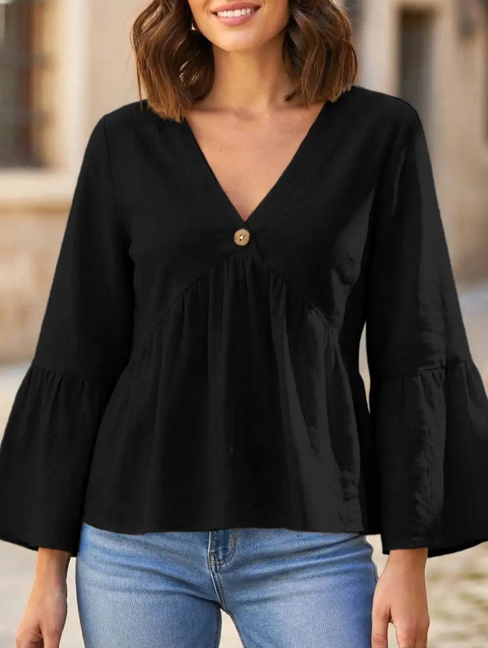 V Neck Ruffle Sleeve Cotton Blouse