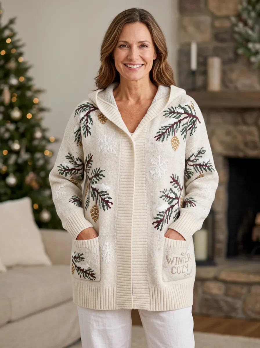 Christmas Pinecone Snowflake Pattern Print Festive Hooded Cardigan