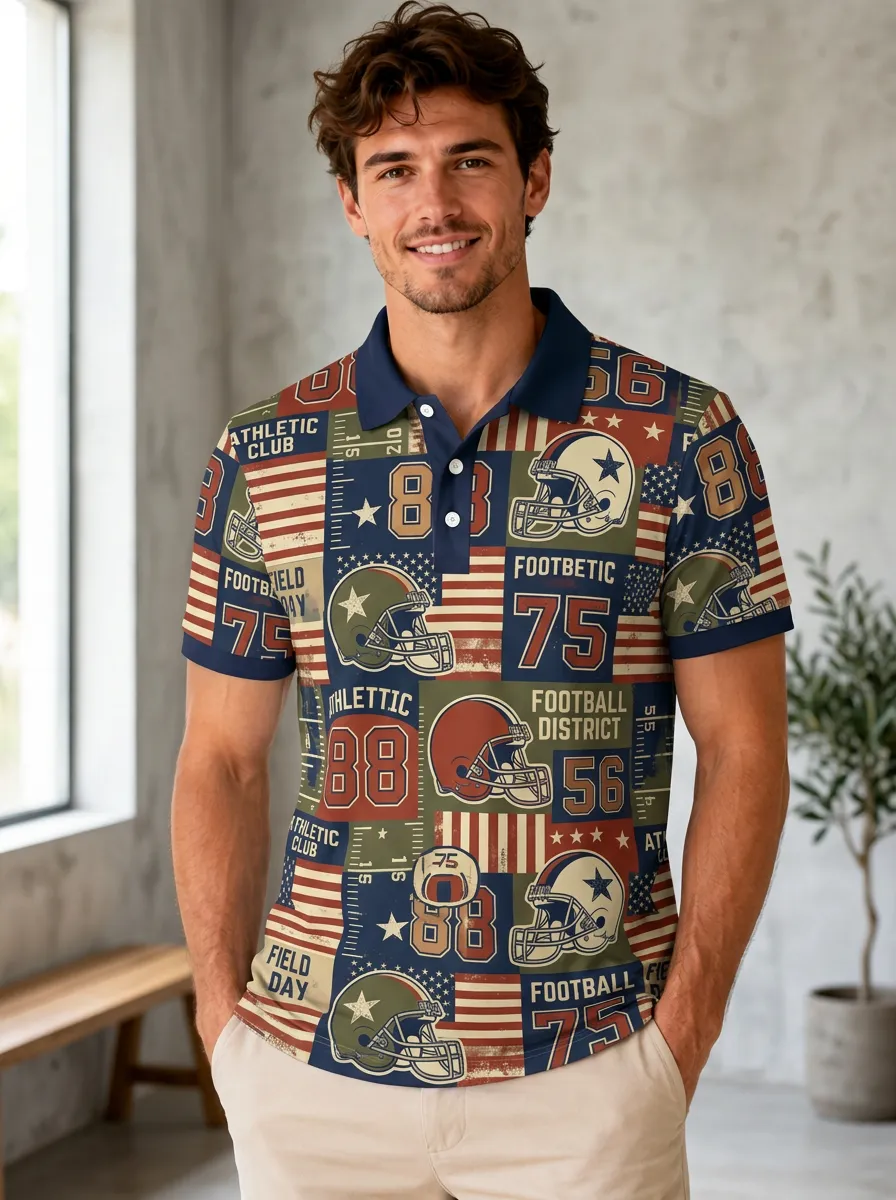 Men's Retro Gridiron Helmet Flag Polo Shirt