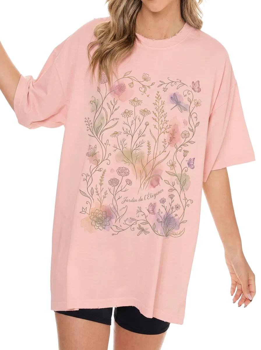 Women's Botanical Garden Butterfly Watercolor Printed T-shirt