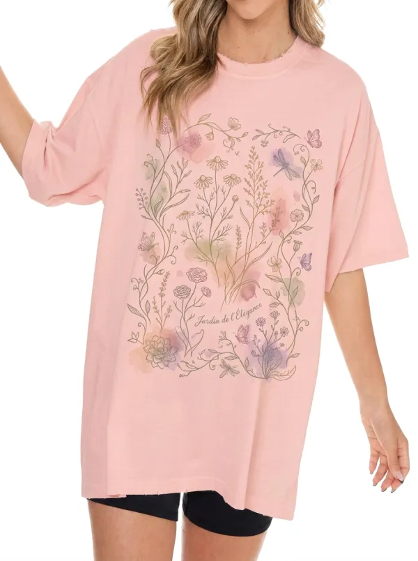 Women's Botanical Garden Butterfly Watercolor Printed T-shirt