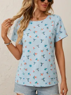Hummingbird Hibiscus Floral Women's Loose Printed T-Shirt
