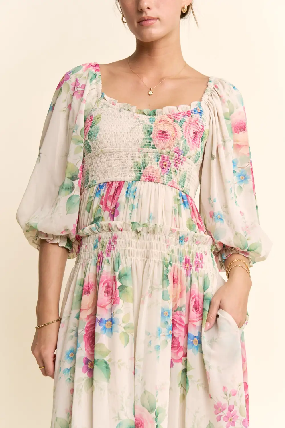 Classic Floral Chiffon Smocked Tiered Dress