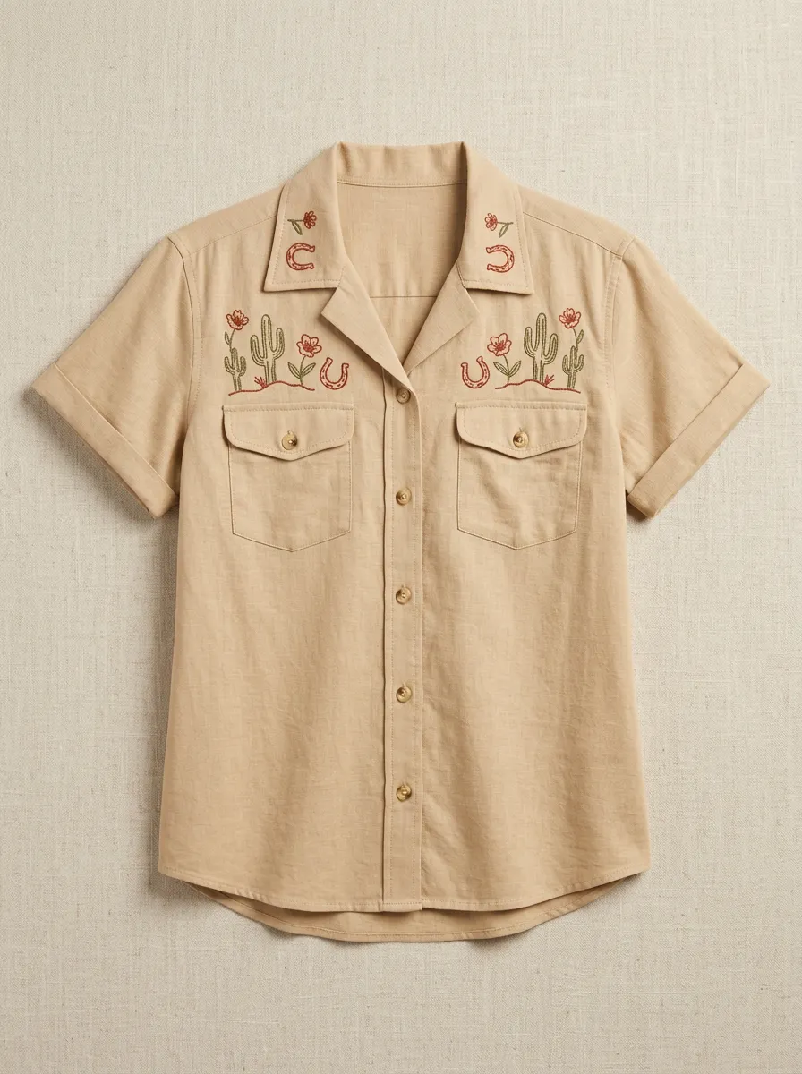 Women's Western Cowboy Cactus Horseshoe Embroidered Short Sleeve Shirt