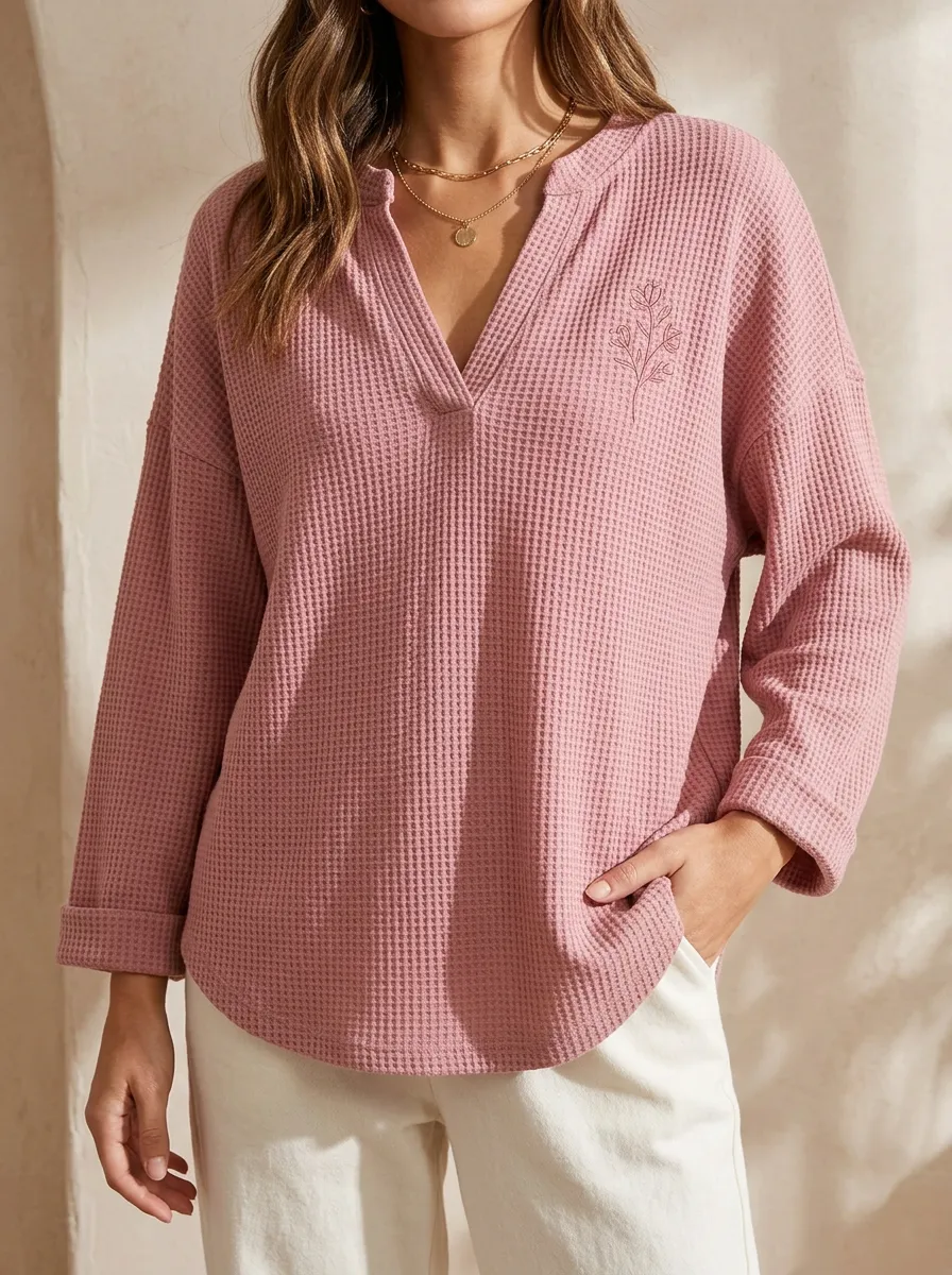 Women's Pink Floral Minimalist Line Art Printed Waffle Knit Sweatshirt