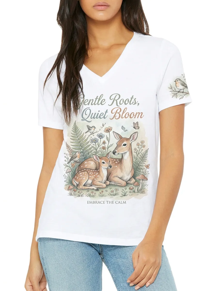 Women's Nature Lover Deer Forest Floral Printed V-neck T-shirt