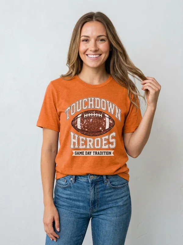 Women's Football Fan Touchdown Heroes Glitter Ball Printed T-shirt