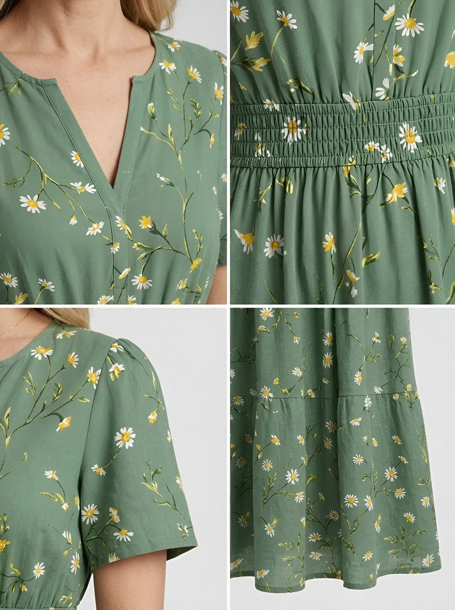 Women's Summer Vacation Daisy Floral Printed Midi Dress