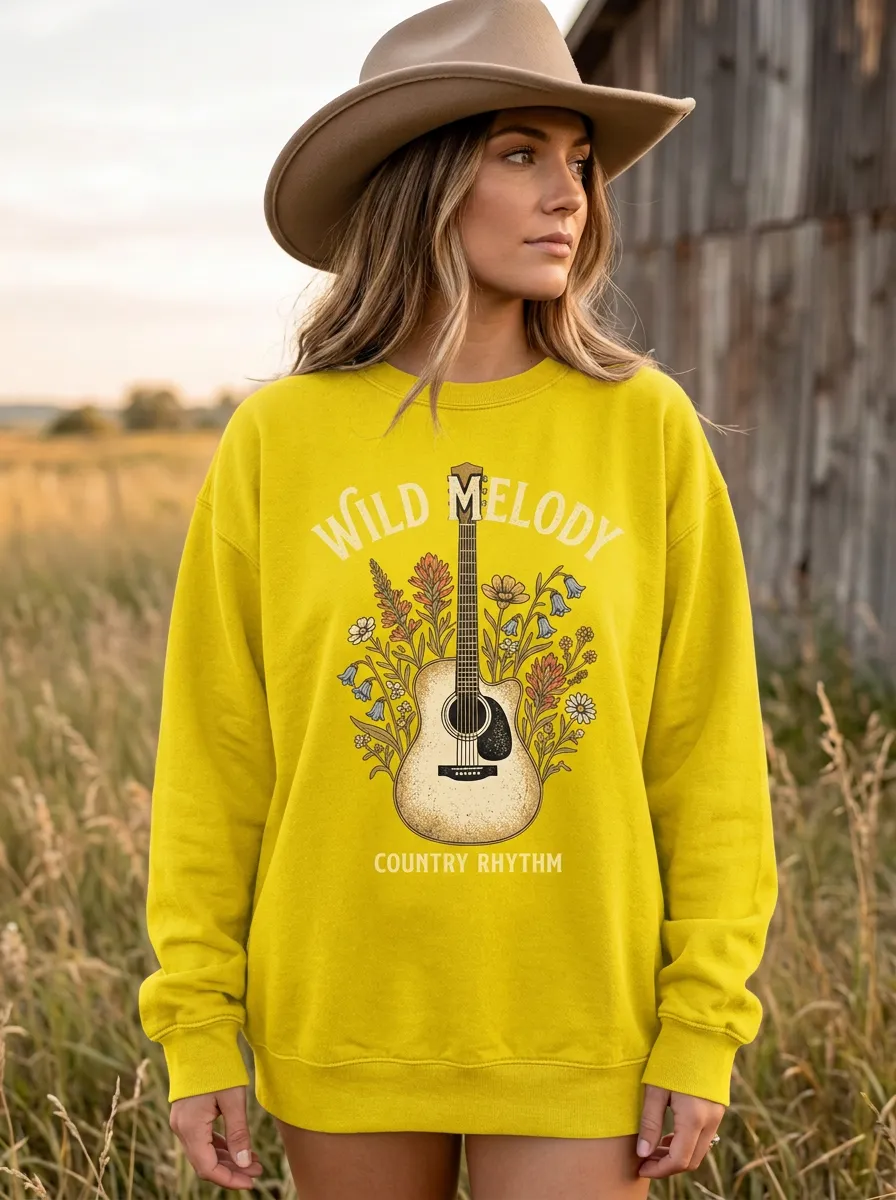 Western Guitar Floral Women's Country Music Crew Neck Sweatshirt