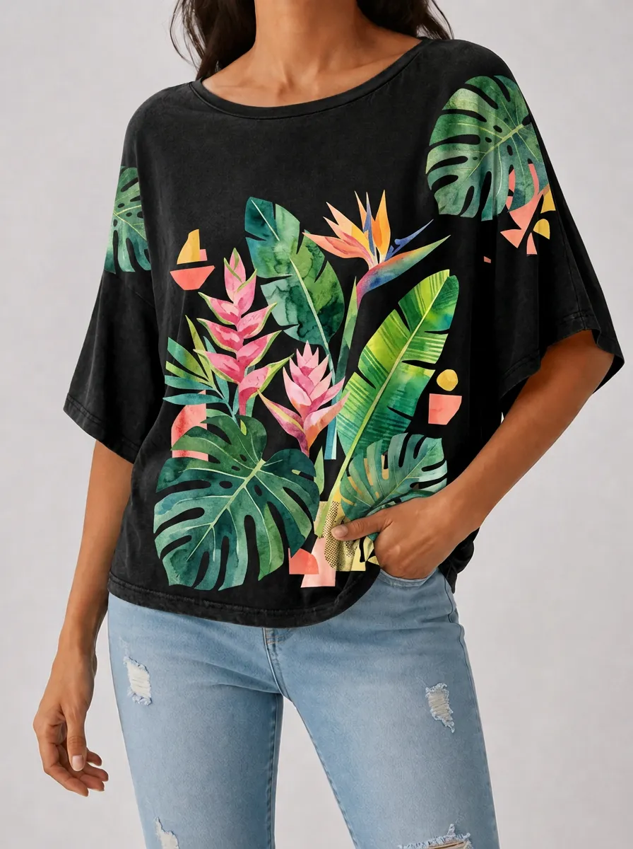 Women's Tropical Botanical Bird of Paradise Printed T-shirt
