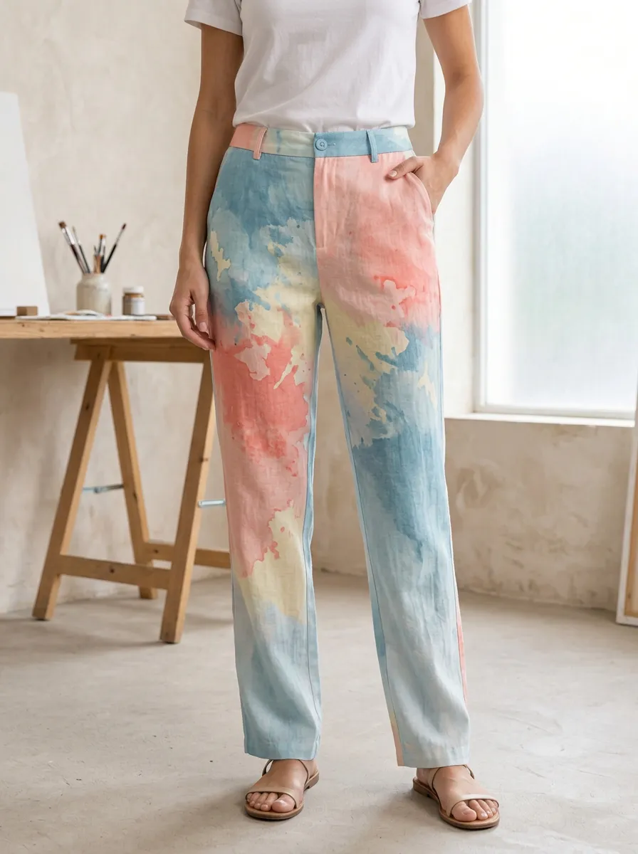Women's Casual Style Pastel Watercolor Printed Pants