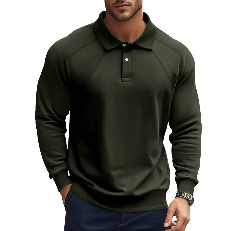 Ribbed Button Placket Raglan Sleeve Polo Shirt