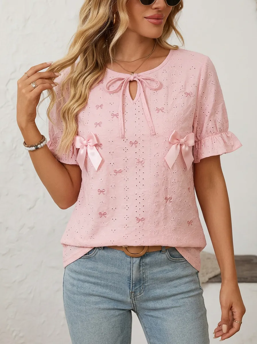 Women's Round Neck Bow-detail Eyelet Top